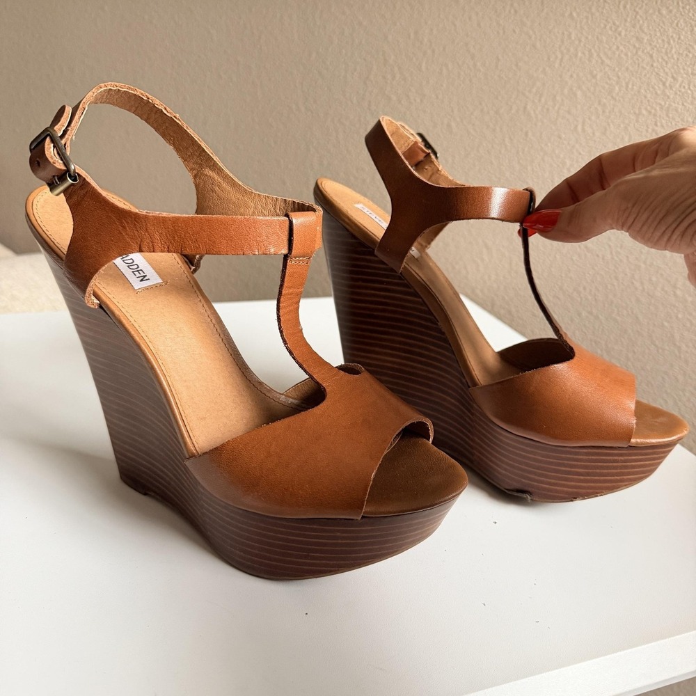 Steve Madden Sandals Womens Size 10 Leather Slingback Platform Wedge Shoes